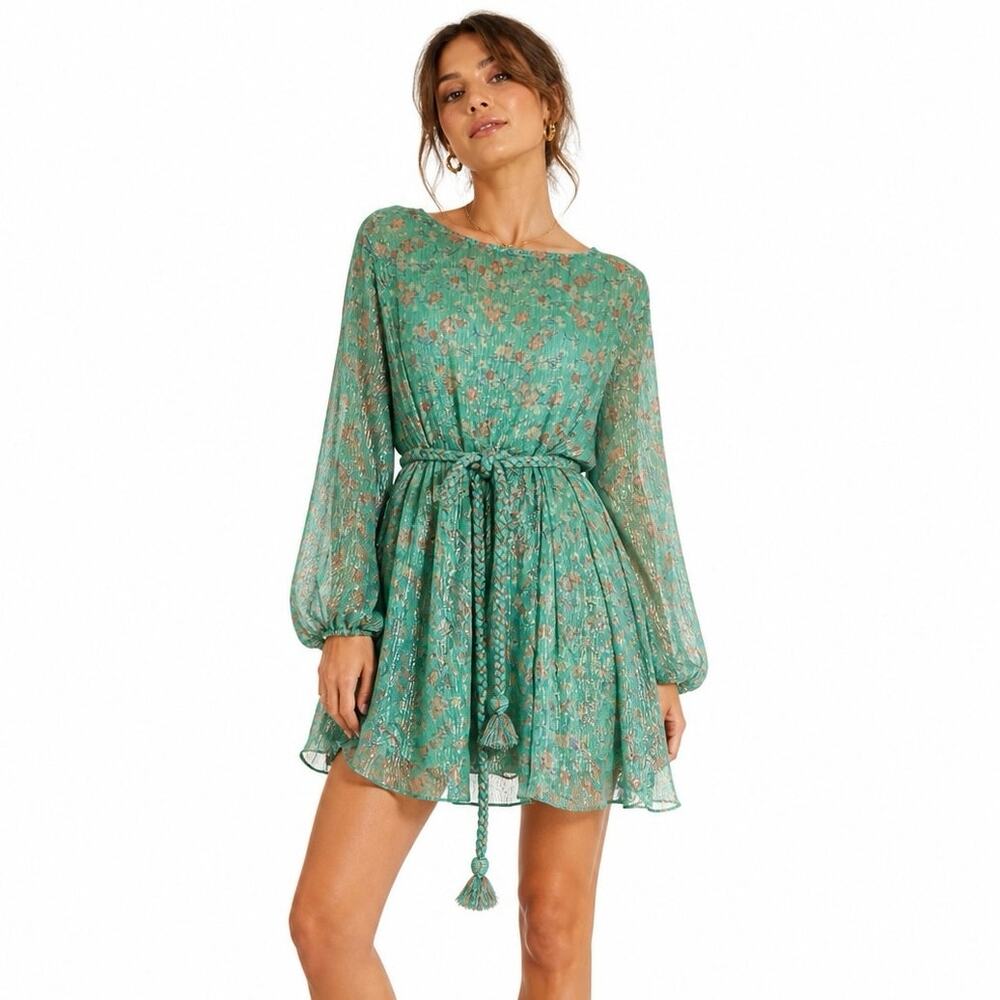 Gold & Silver Paris Sheer Floral Mini Dress Boho Tie Waist Long Sleeve M Fairy